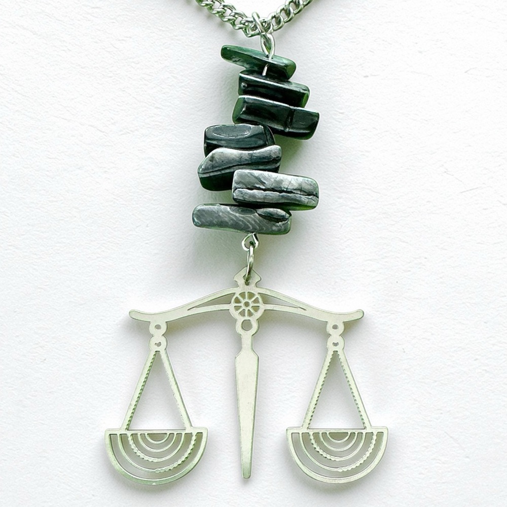 🆕 Libra Scales Large Black Obsidian Gemstones Pendant Necklace-Stainless Steel